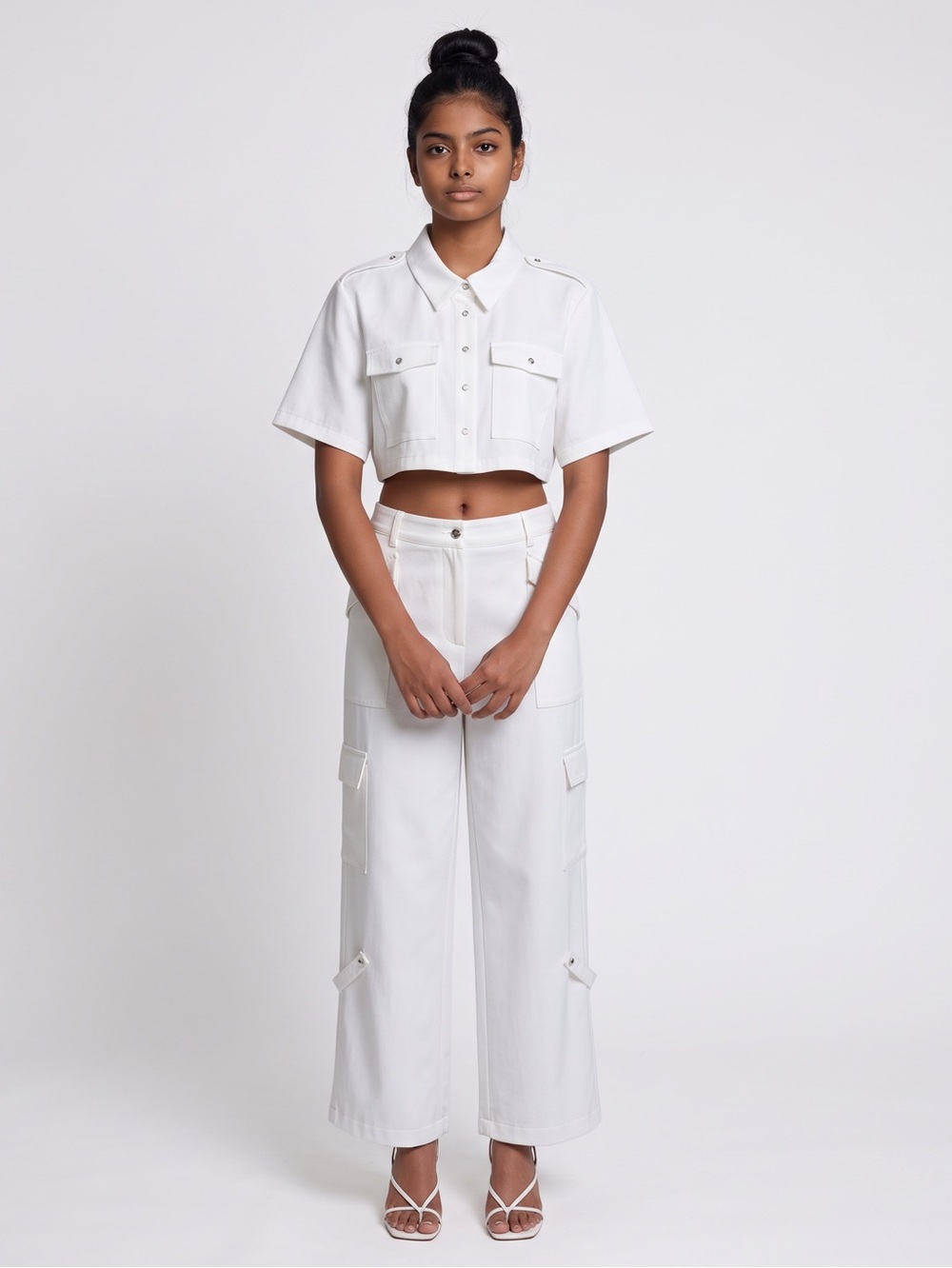 Women’s Cropped Utility Shirt & Wide-Leg Cargo Pants Set White/Silver Size-L NEW